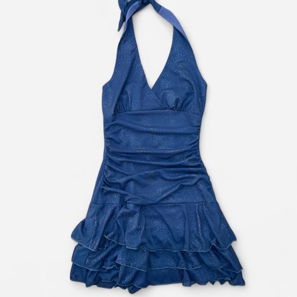 Mariposa Vintage Y2K Slate Blue Fairycore Mini Ruffle Halter Dress